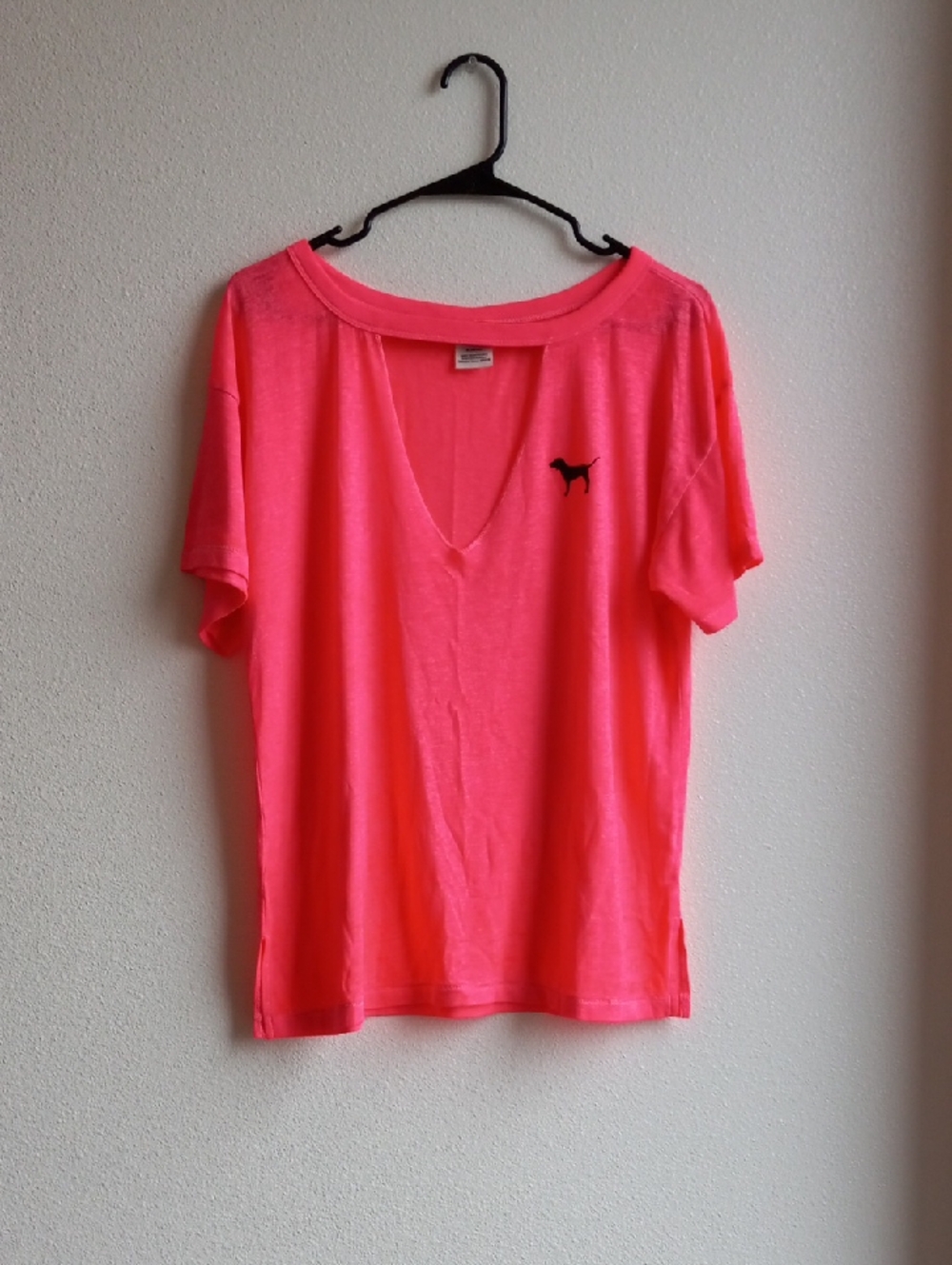 Bright Pink V-Neck Tee with Small Dog Logo